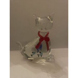 Cat Art Glass Paperweight Red Bow Fish Inside Belly Hand Blown‎ Doorstop Heavy
